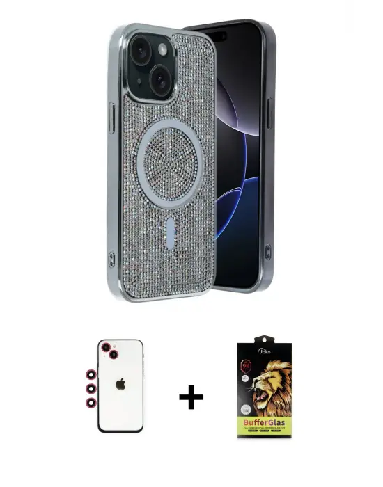 ieg™ iPhone 14 Kılıf Eksen Çizgi - Siyah Buffer Cam Ekran Koruyucu + Shine Kamera Lens - KI