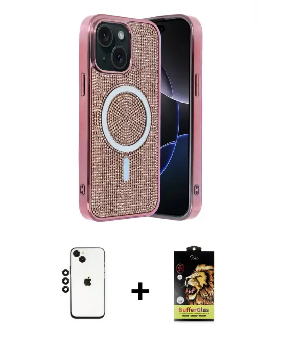 ieg™ iPhone 14 Kılıf Eksen Çizgi - Siyah Buffer Cam Ekran Koruyucu + Shine Kamera Lens - SH