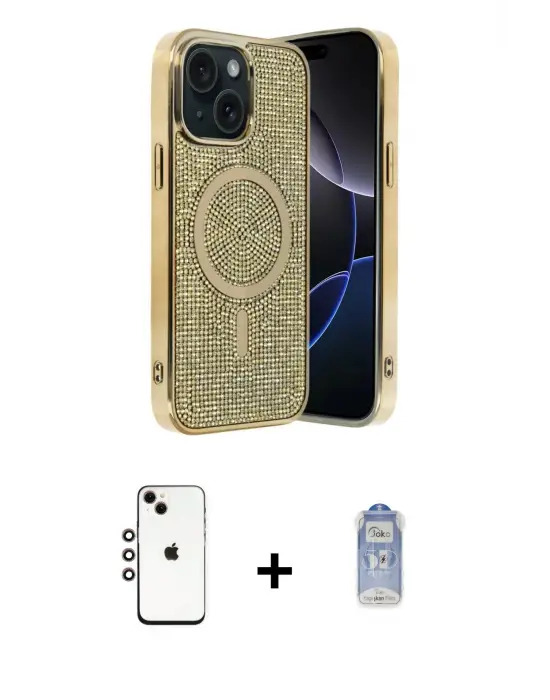 ieg™ iPhone 14 Kılıf Eksen Çizgi - Siyah Joko Magic 5D Cam + Shine Kamera Lens - GI