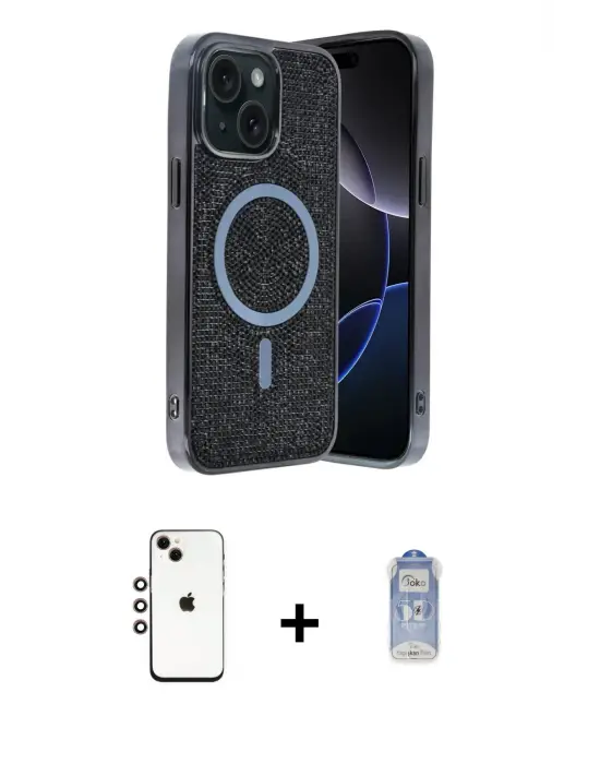 ieg™ iPhone 14 Kılıf Eksen Çizgi - Siyah Joko Magic 5D Cam + Shine Kamera Lens - GI