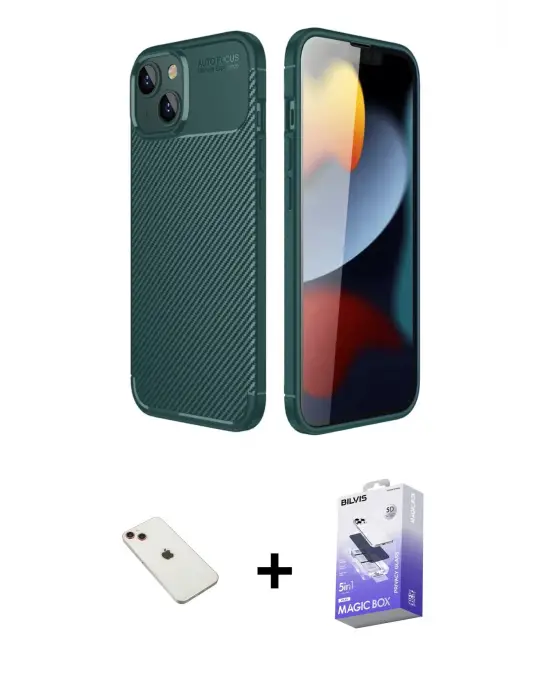 ieg™ iPhone 14 Kılıf Eksen Form Prime - Siyah Bilvis 5in1 5D Magic Hayalet Cam Ekran Koruyucu + Diamond Kamera Lens - KI