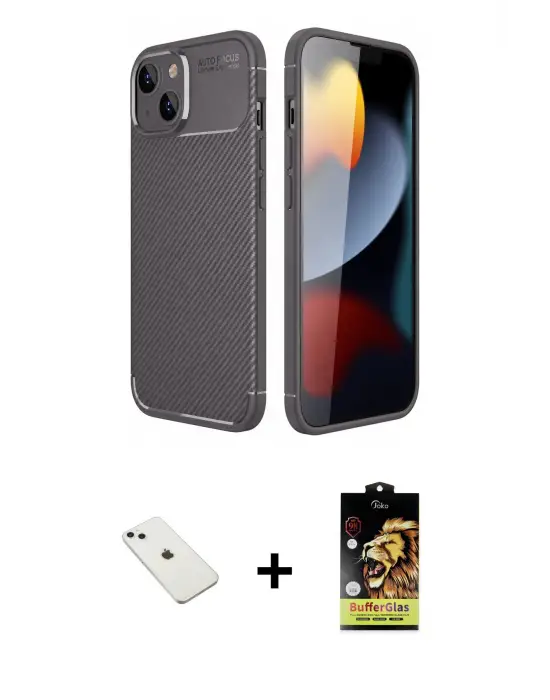 ieg™ iPhone 14 Kılıf Eksen Form Prime - Siyah Buffer Cam Ekran Koruyucu + Diamond Kamera Lens - SABE