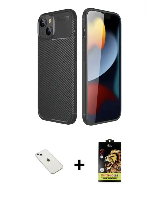 ieg™ iPhone 14 Kılıf Eksen Form Prime - Siyah Buffer Cam Ekran Koruyucu + Diamond Kamera Lens - SABE