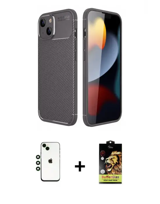 ieg™ iPhone 14 Kılıf Eksen Form Prime - Siyah Buffer Cam Ekran Koruyucu + Shine Kamera Lens - YL