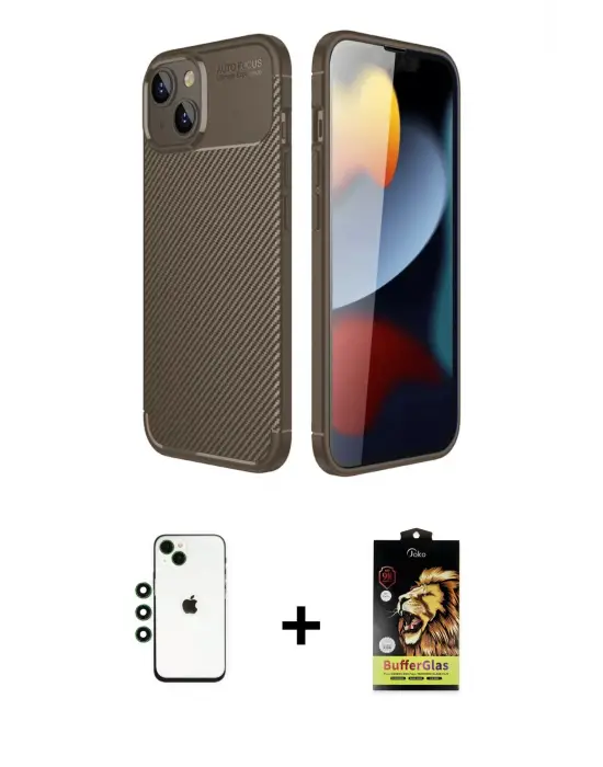 ieg™ iPhone 14 Kılıf Eksen Form Prime - Siyah Buffer Cam Ekran Koruyucu + Shine Kamera Lens - YL