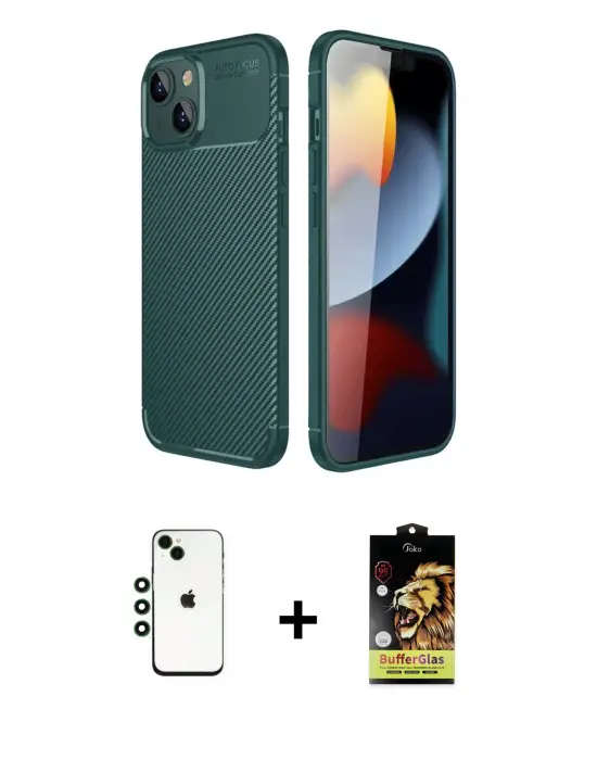 ieg™ iPhone 14 Kılıf Eksen Form Prime - Siyah Buffer Cam Ekran Koruyucu + Shine Kamera Lens - YL