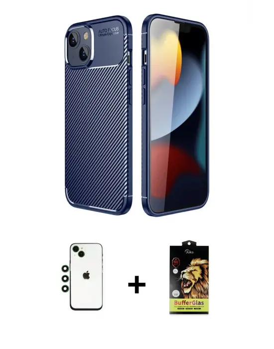 ieg™ iPhone 14 Kılıf Eksen Form Prime - Siyah Buffer Cam Ekran Koruyucu + Shine Kamera Lens - YL