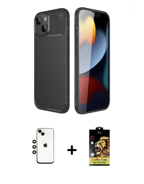 ieg™ iPhone 14 Kılıf Eksen Form Prime - Siyah Buffer Cam Ekran Koruyucu + Shine Kamera Lens - YL