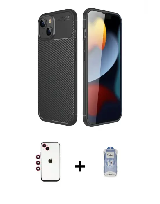 ieg™ iPhone 14 Kılıf Eksen Form Prime - Siyah Joko Magic 5D Cam + Shine Kamera Lens - KI