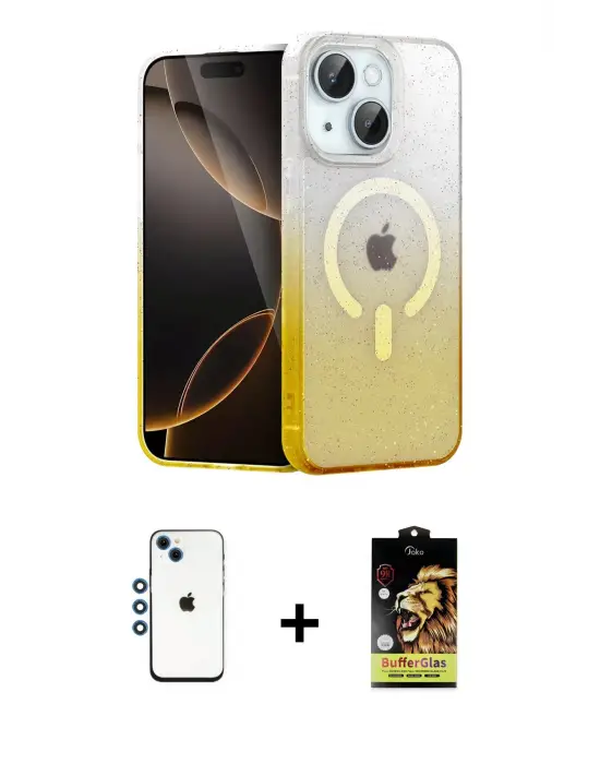 ieg™ iPhone 14 Kılıf Eksen Minimal Özel Seri - Siyah Buffer Cam Ekran Koruyucu + Shine Kamera Lens - MI