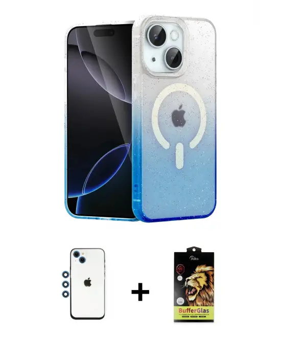 ieg™ iPhone 14 Kılıf Eksen Minimal Özel Seri - Siyah Buffer Cam Ekran Koruyucu + Shine Kamera Lens - MI