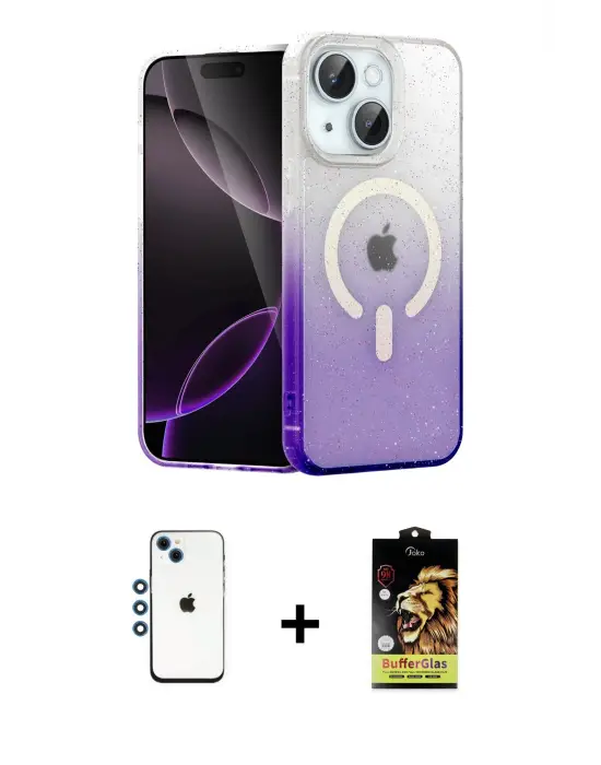 ieg™ iPhone 14 Kılıf Eksen Minimal Özel Seri - Siyah Buffer Cam Ekran Koruyucu + Shine Kamera Lens - MI