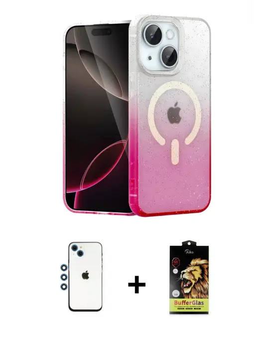 ieg™ iPhone 14 Kılıf Eksen Minimal Özel Seri - Siyah Buffer Cam Ekran Koruyucu + Shine Kamera Lens - MI