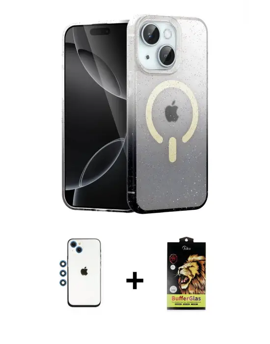 ieg™ iPhone 14 Kılıf Eksen Minimal Özel Seri - Siyah Buffer Cam Ekran Koruyucu + Shine Kamera Lens - MI