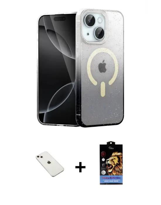 ieg™ iPhone 14 Kılıf Eksen Minimal Özel Seri - Siyah Buffer Hayalet Cam Ekran Koruyucu + Diamond Kamera Lens - PE