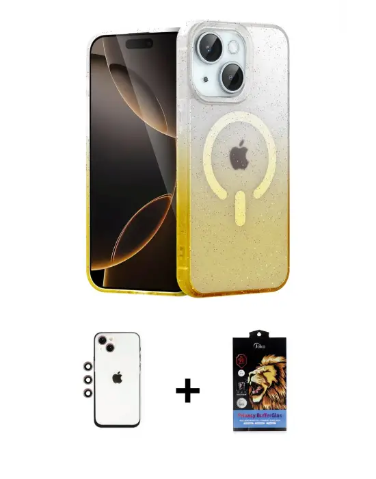 ieg™ iPhone 14 Kılıf Eksen Minimal Özel Seri - Siyah Buffer Hayalet Cam Ekran Koruyucu + Shine Kamera Lens - GI