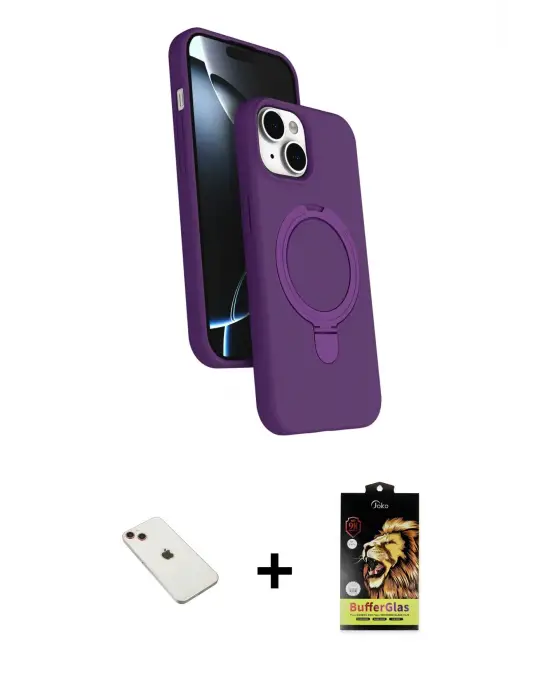ieg™ iPhone 14 Kılıf İz Işık Koleksiyonu - Siyah Buffer Cam Ekran Koruyucu + Diamond Kamera Lens - KI
