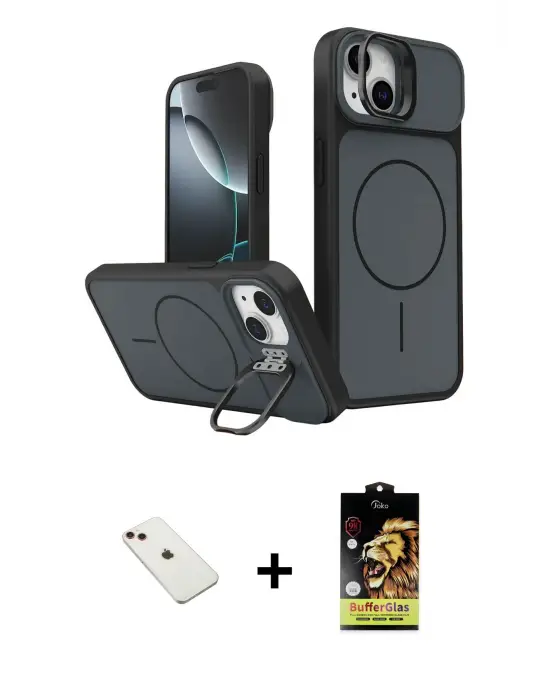 ieg™ iPhone 14 Kılıf İz Modern Prime - Siyah Buffer Cam Ekran Koruyucu + Diamond Kamera Lens - KI