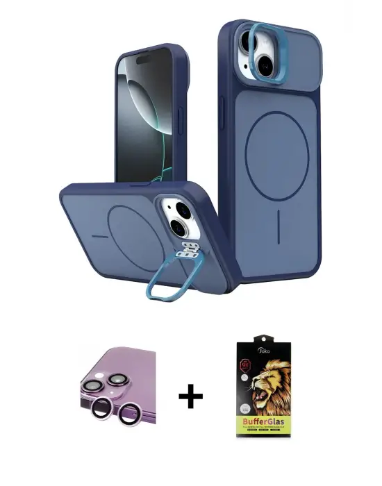 ieg™ iPhone 14 Kılıf İz Modern Prime - Siyah Buffer Cam Ekran Koruyucu + Raze Metal Kamera Lens - MR