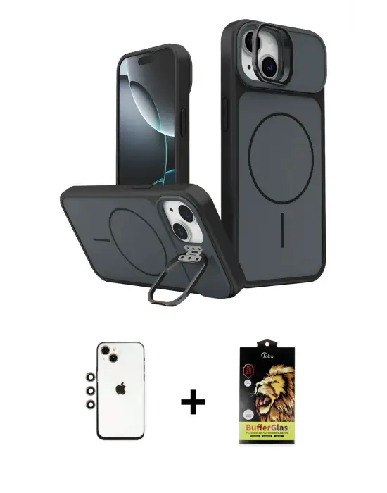ieg™ iPhone 14 Kılıf İz Modern Prime - Siyah Buffer Cam Ekran Koruyucu + Shine Kamera Lens - GI