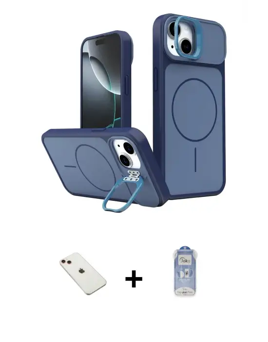 ieg™ iPhone 14 Kılıf İz Modern Prime - Siyah Joko Magic 5D Cam + Diamond Kamera Lens - KI