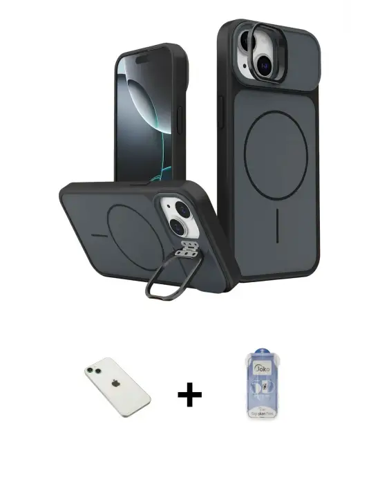 ieg™ iPhone 14 Kılıf İz Modern Prime - Siyah Joko Magic 5D Cam + Diamond Kamera Lens - YL