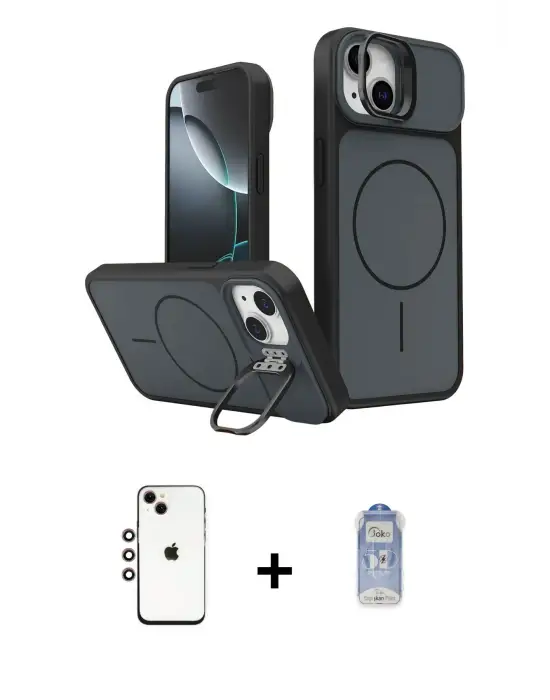 ieg™ iPhone 14 Kılıf İz Modern Prime - Siyah Joko Magic 5D Cam + Shine Kamera Lens - GI