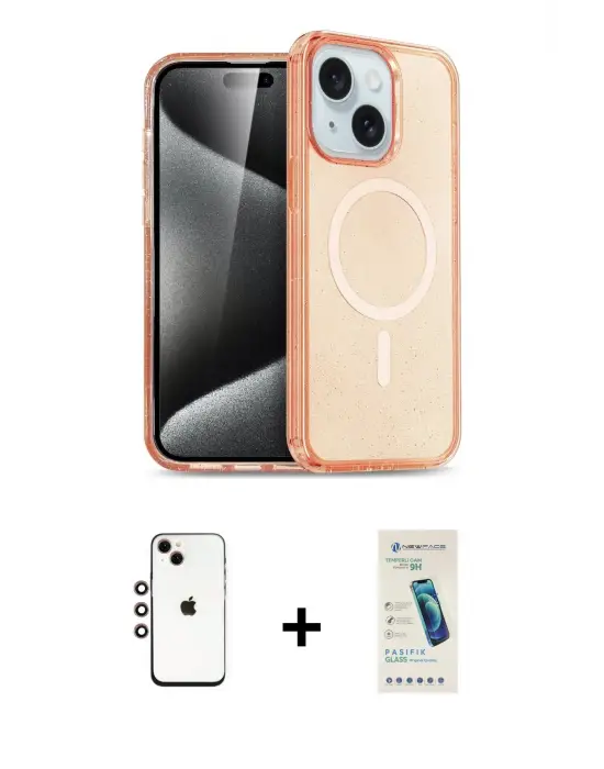 ieg™ iPhone 14 Kılıf Nova Asil Prime - Şeffaf Pasifik Cam Ekran Koruyucu + Shine Kamera Lens - GI