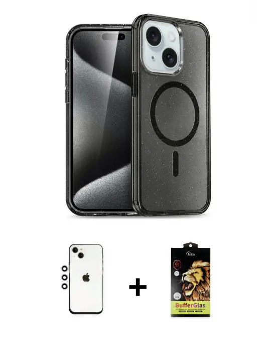 ieg™ iPhone 14 Kılıf Nova Asil Prime - Siyah Buffer Cam Ekran Koruyucu + Shine Kamera Lens - GS