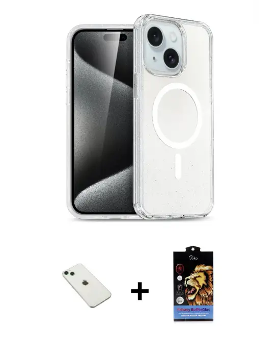ieg™ iPhone 14 Kılıf Nova Asil Prime - Siyah Buffer Hayalet Cam Ekran Koruyucu + Diamond Kamera Lens - YL