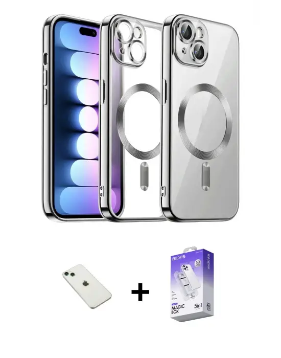 ieg™ iPhone 14 Kılıf Nova Işık Özel Seri - Siyah Bilvis 5in1 3D Magic Cam Ekran Koruyucu + Diamond Kamera Lens - YL