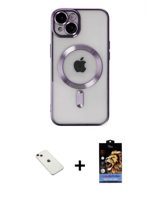 ieg™ iPhone 14 Kılıf Nova Işık Özel Seri - Siyah Buffer Hayalet Cam Ekran Koruyucu + Diamond Kamera Lens - KI