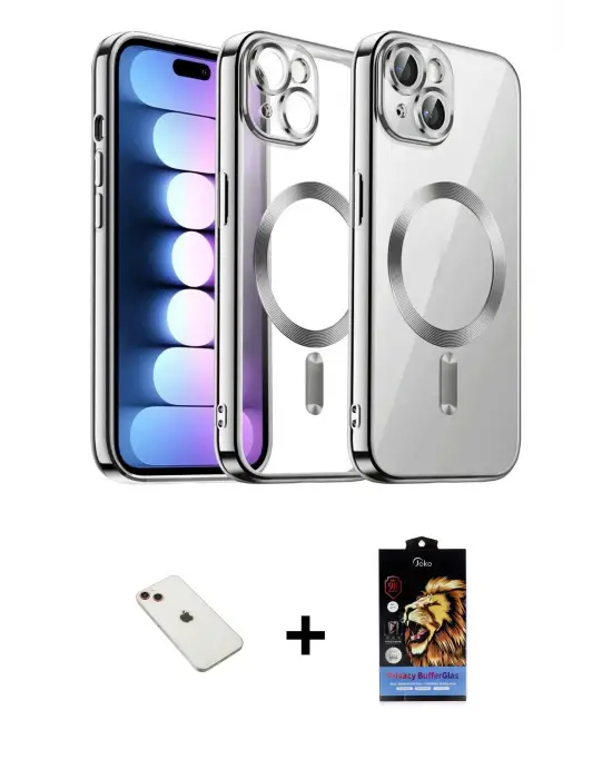 ieg™ iPhone 14 Kılıf Nova Işık Özel Seri - Siyah Buffer Hayalet Cam Ekran Koruyucu + Diamond Kamera Lens - KI