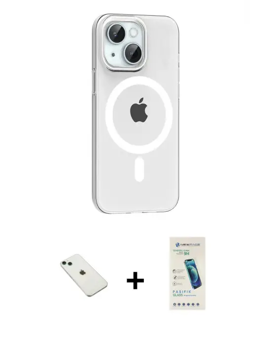 ieg™ iPhone 14 Kılıf Pusula Form Özel Seri - Şeffaf Pasifik Cam Ekran Koruyucu + Diamond Kamera Lens - YL