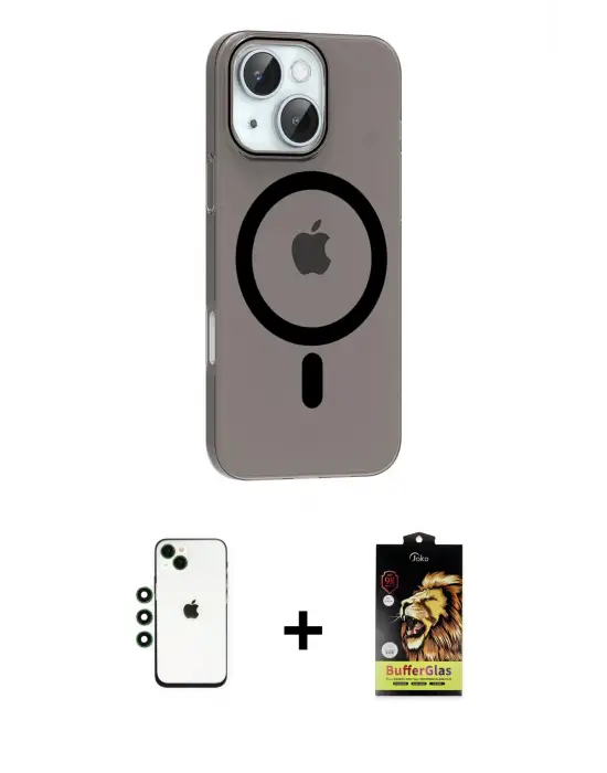 ieg™ iPhone 14 Kılıf Pusula Form Özel Seri - Siyah Buffer Cam Ekran Koruyucu + Shine Kamera Lens - YL