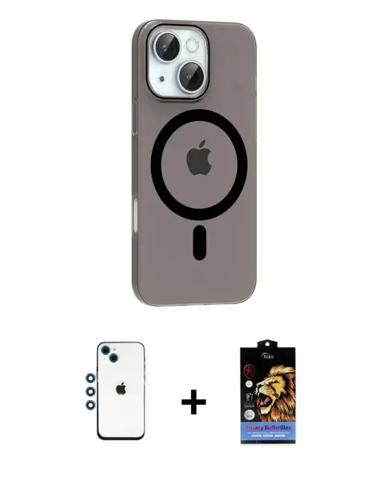 ieg™ iPhone 14 Kılıf Pusula Form Özel Seri - Siyah Buffer Hayalet Cam Ekran Koruyucu + Shine Kamera Lens - MI