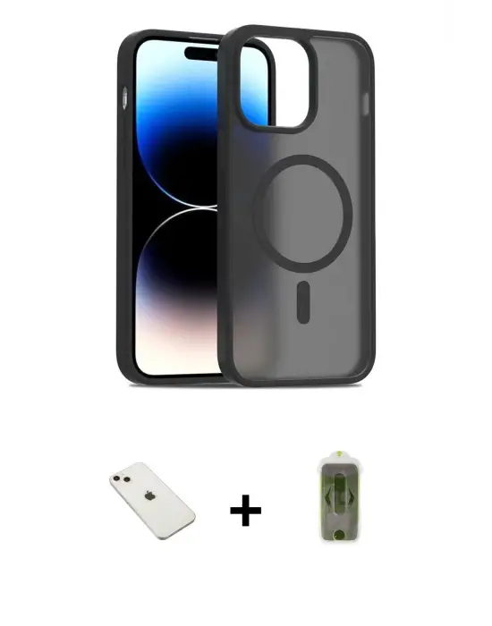 ieg™ iPhone 14 Kılıf Siluet Minimal Prime - Siyah Joko Magic 5D Hayalet Cam + Diamond Kamera Lens - PE