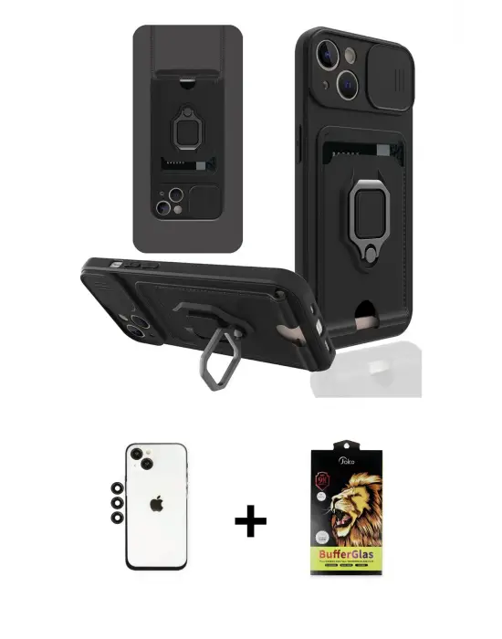 ieg™ iPhone 14 Kılıf Vadi Form Prime - Siyah Buffer Cam Ekran Koruyucu + Shine Kamera Lens - SH