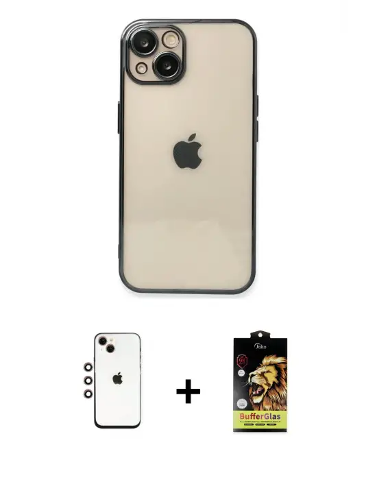 ieg™ iPhone 14 Kılıf Vadi Minimal - Siyah Buffer Cam Ekran Koruyucu + Shine Kamera Lens - GI