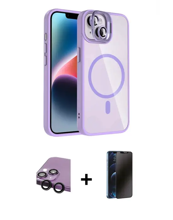 ieg™ iPhone 14 Kılıf Yadigar Asil Koleksiyonu - Siyah 3D Antistatik Hayalet Cam Ekran Koruyucu + Raze Metal Kamera Lens - SH