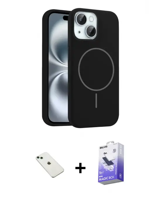 ieg™ iPhone 14 Kılıf Yankı Form Serisi - Siyah Bilvis 5in1 5D Magic Hayalet Cam Ekran Koruyucu + Diamond Kamera Lens - YL