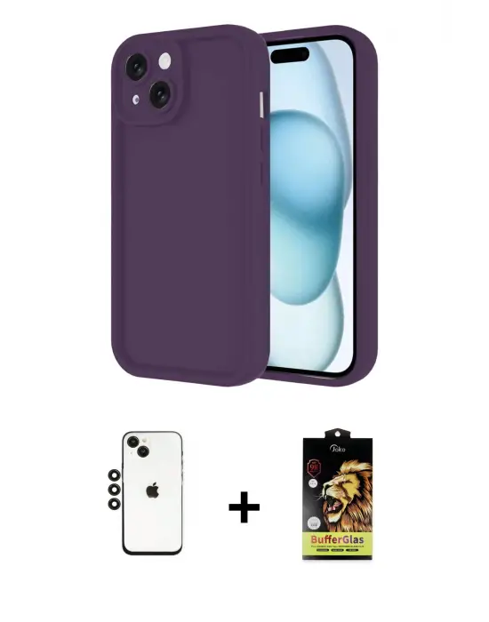 ieg™ iPhone 14 Kılıf Yankı Yansıma Özel Seri - Siyah Buffer Cam Ekran Koruyucu + Shine Kamera Lens - SH