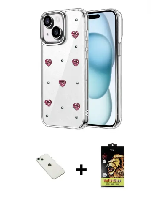 ieg™ iPhone 14 Kılıf Yörünge Form - Siyah Buffer Cam Ekran Koruyucu + Diamond Kamera Lens - YL