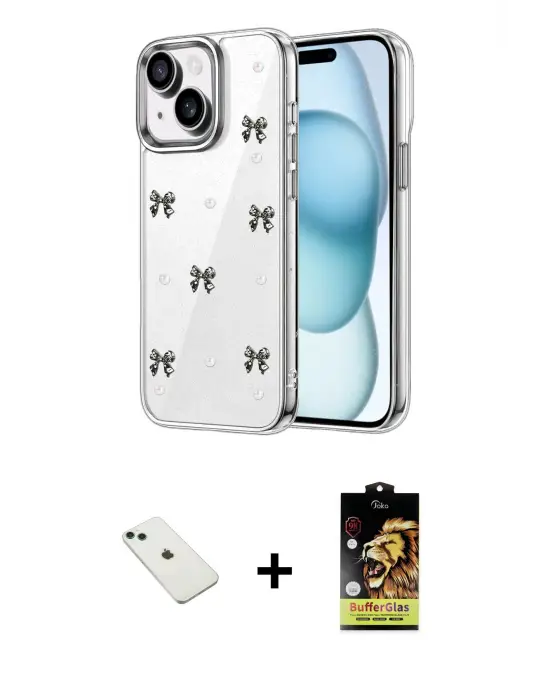 ieg™ iPhone 14 Kılıf Yörünge Form - Siyah Buffer Cam Ekran Koruyucu + Diamond Kamera Lens - YL