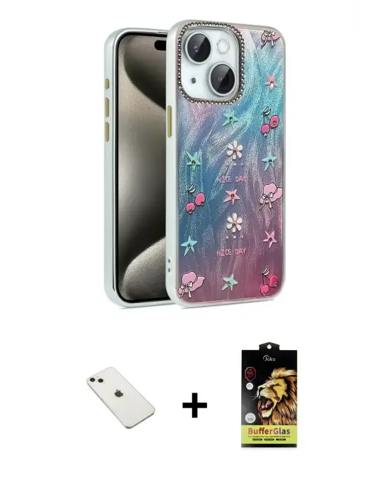 ieg™ iPhone 14 Kılıf Zirve Modern Prime - Siyah Buffer Cam Ekran Koruyucu + Diamond Kamera Lens - PE