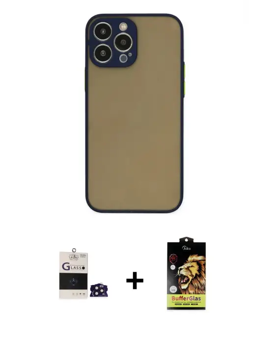 ieg™ iPhone 14 Pro Max Kılıf Ahenk Çizgi Serisi - Siyah Buffer Cam Ekran Koruyucu + Bilvis Titan Kamera Lens - DNMR