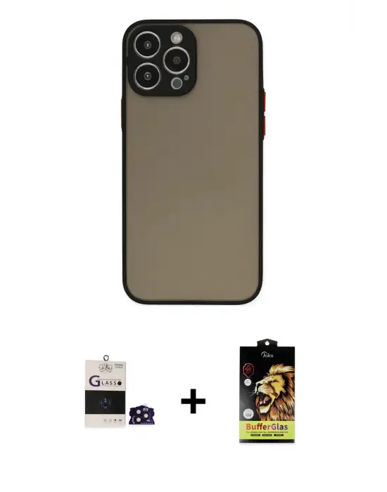 ieg™ iPhone 14 Pro Max Kılıf Ahenk Çizgi Serisi - Siyah Buffer Cam Ekran Koruyucu + Bilvis Titan Kamera Lens - DNMR