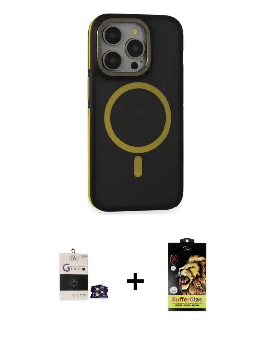 ieg™ iPhone 14 Pro Max Kılıf Ahenk Form Serisi - Siyah Buffer Cam Ekran Koruyucu + Bilvis Titan Kamera Lens - GS