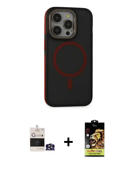 ieg™ iPhone 14 Pro Max Kılıf Ahenk Form Serisi - Siyah Buffer Cam Ekran Koruyucu + Bilvis Titan Kamera Lens - GS