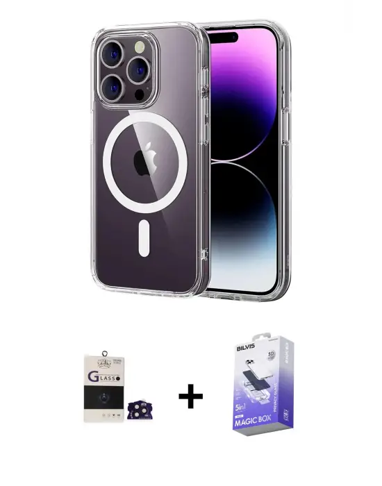 ieg™ iPhone 14 Pro Max Kılıf Ahenk Minimal Serisi - Siyah Bilvis 5in1 5D Magic Hayalet Cam Ekran Koruyucu + Bilvis Titan Kamera Lens - DNMR